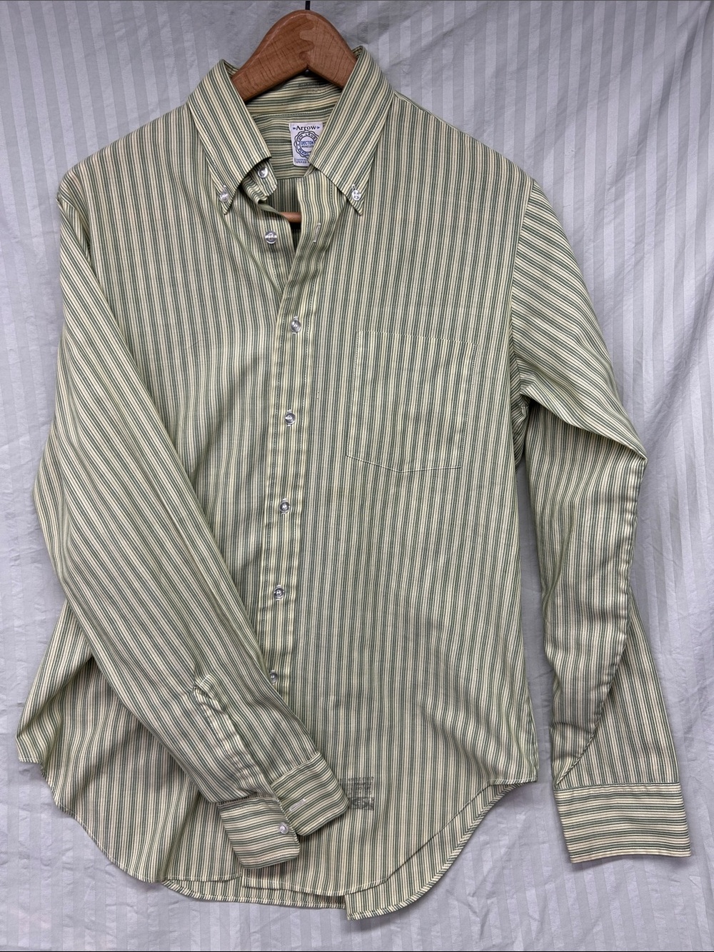 Vintage Arrow Men's Vertical Stripe Button-Down Shirt - Sage Green & White